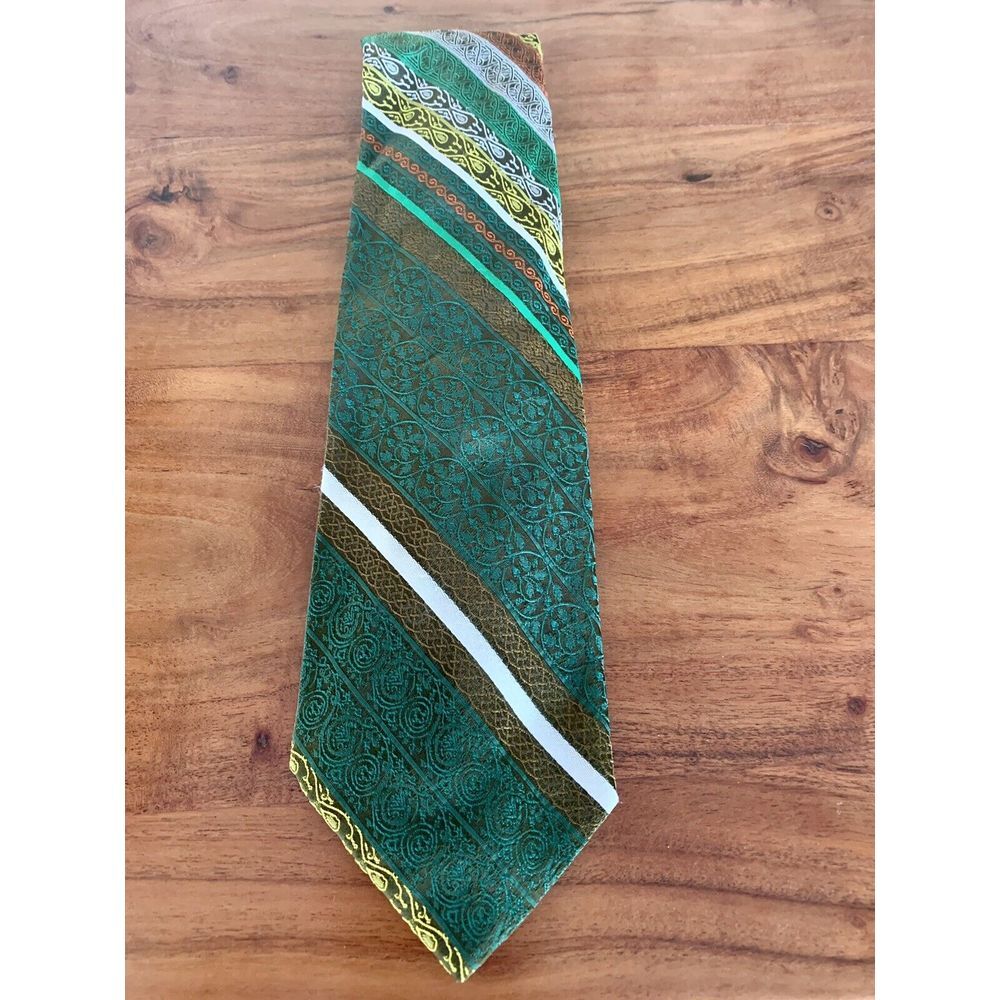 Reed St James Vintage Retro Green Brown Woven Striped Tie Polyester